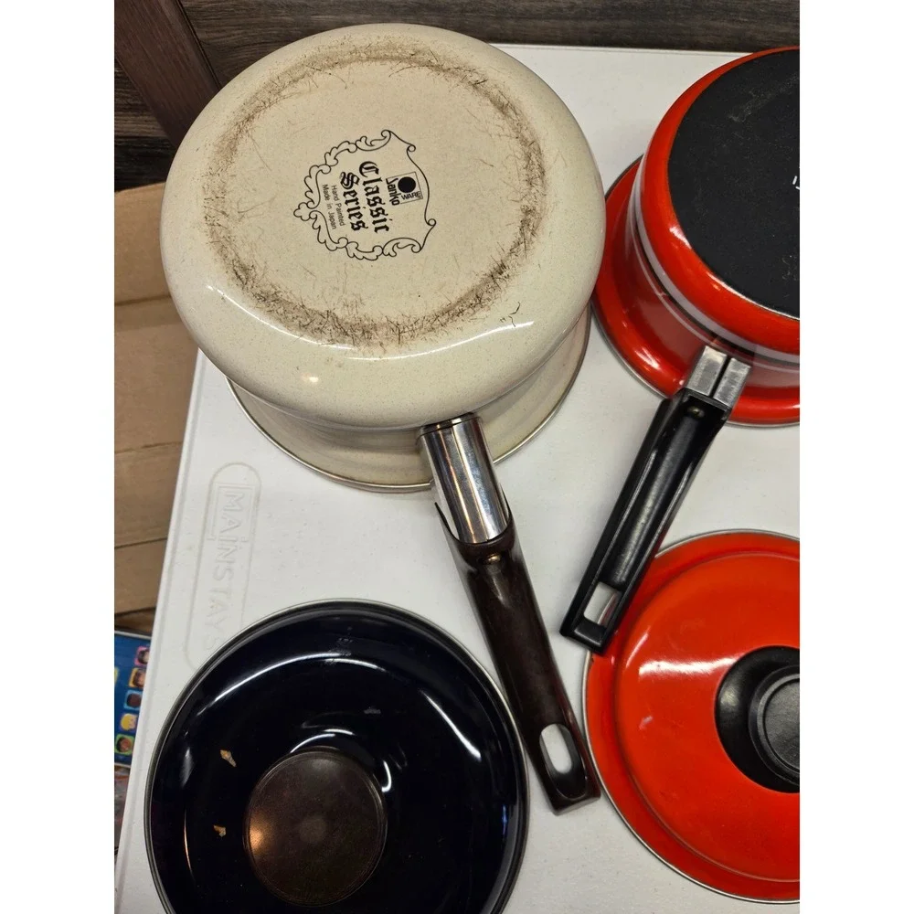 Vintage Enamel Saucepan Lot Lanko Japan Moneta Italy Retro Mid‎ Century Cookware